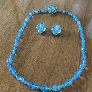 1950’s Vintage Pale Blue Aurora Borealis Glass Bead Necklace and Clip Earrings
